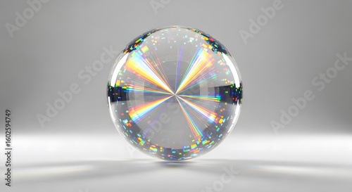 Captivating crystal sphere refracts vibrant rainbow light, showcasing a mesmerizing prismatic effect with holographic shimmer