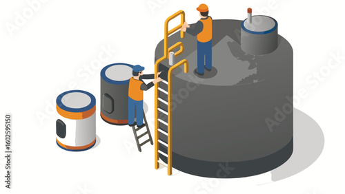 Two workers on a large tank with ladder and smaller tanks around in an isometric view style illustration