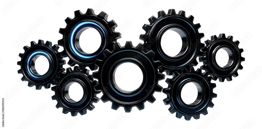 Obraz premium Interconnected cogwheel formation with a glossy black surface and embedded LEDs.