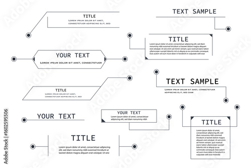 Text box frame, title callout tech hud border menu, modern line interface board. Set game elements, web design template for text, banner.