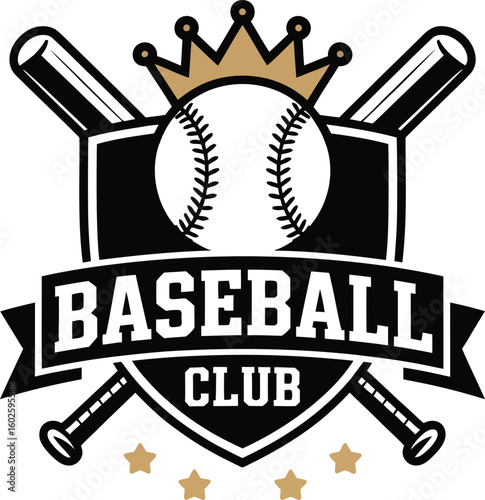 Baseball club emblem features a golden crown, baseball, bats, shield and some stars