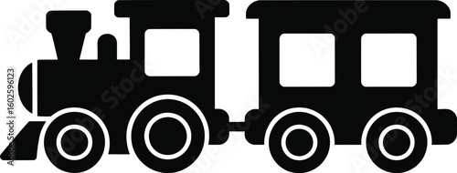 A stylized black train engine with two railcars moves forward on transparent background