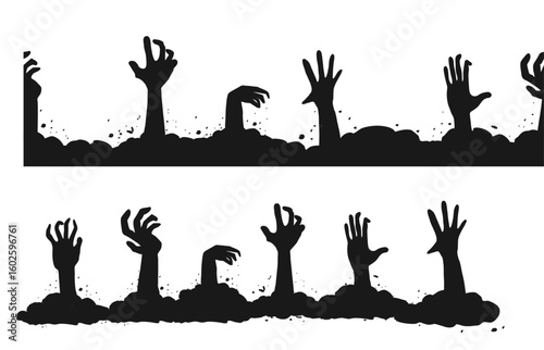 Zombie hand border, monster hand halloween silhouette rising arms. Black scary background with grave ground and creepy shadows. 