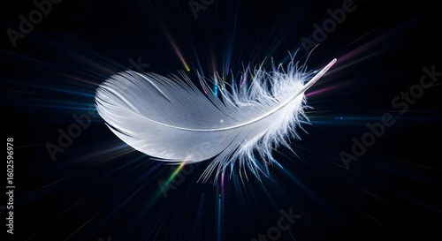Stunning white feather glows with vibrant light bursts against a dark, magical background