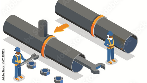 Isometric view of workers assembling pipes with wrenches and gears in a construction scenario