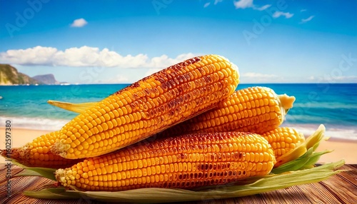 Fototapeta Naklejka Na Ścianę i Meble -  Appetizing fried corn on the cob with a baked crust close-up on a sea beach background