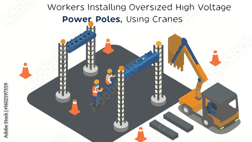 Isometric view of construction workers installing power poles with a crane and safety cones around site