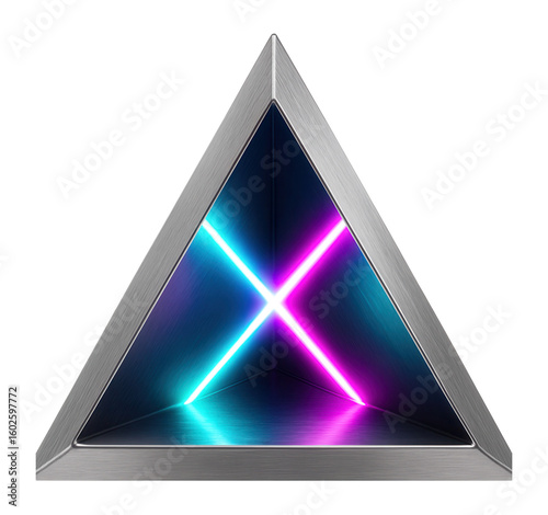 Hollow aluminum tetrahedron with intersecting beams of coherent light.