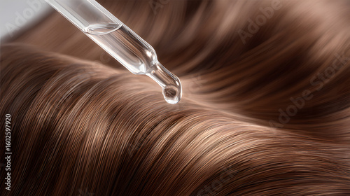 Hair serum being applied to glossy brown hair with a dropper for nourishment, hydration, and sleek style results. Glossy strands close-up.