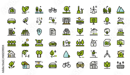 
35 green city icons, line art style vector illustrations with white background and black outline.