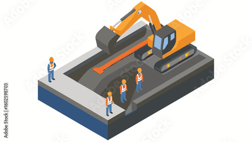 Isometric view of an excavator digging a trench with workers standing nearby in a construction site