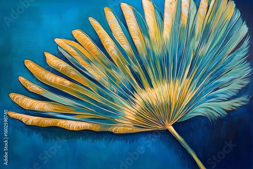 Vibrant painting of a fan palm leaf.