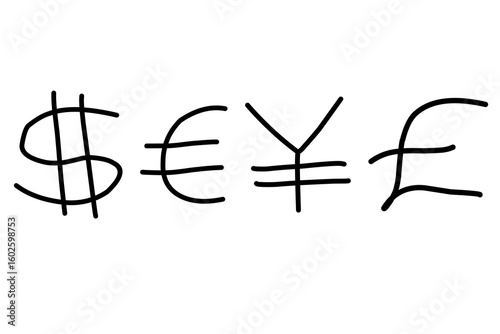 A minimalist hand-drawn illustration of global currency symbols including Dollar, Euro, Yen, and Pound, representing international finance and global economics.