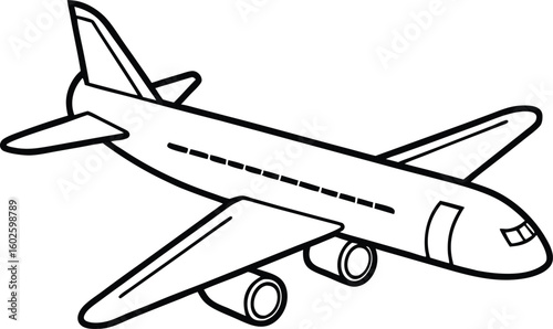 Detailed Outline Illustration of a Passenger Airplane Ready for Takeoff Perfect for Coloring Books and Educational Resources Focused on Transportation and Aviation