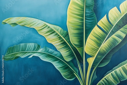 Vibrant tropical leaves against a deep teal background.