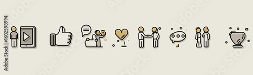 
A simple vector line drawing icon set for social media, with icons of phones and smartphones showing video streaming and thumbs up symbols, people talking to each other on white background.