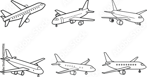 Set of Airplane Illustrations in Outline Style for Coloring Books and Educational Material featuring Air Transport and Aviation Design