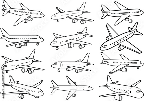 Collection of Airplane Outline Drawings for Coloring Pages and Educational Materials Design Elements Variety of Commercial Airplanes