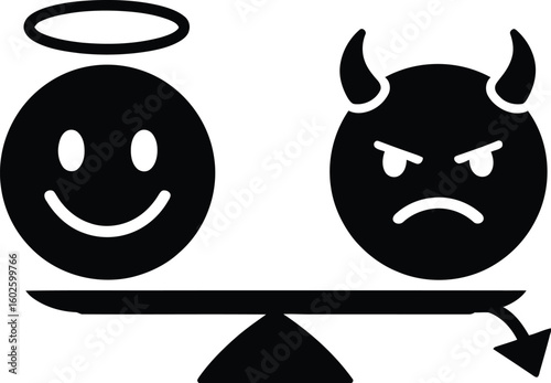 Good vs Evil Balance Icon – Angel and Devil Face Scale Symbol