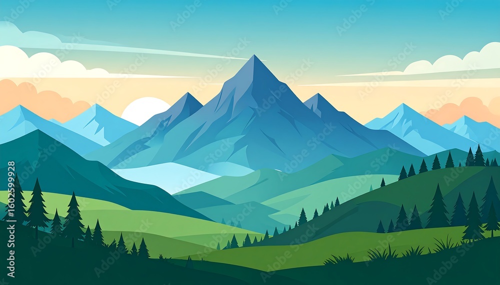 Naklejka premium Panoramic mountain landscape at sunrise