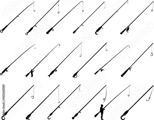 Collection of fishing rod silhouettes various styles 