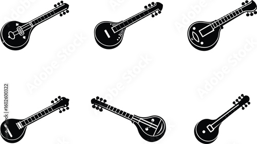 Collection of Six Silhouette Tanpuras Traditional Indian Stringed Instruments Vector Design