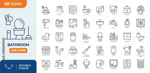 Bathroom line editable icon set. Containing toilet, bathroom, towel, washing machine, faucet, sink, bathub, soap, and more. Editable stroke. Vector illustration