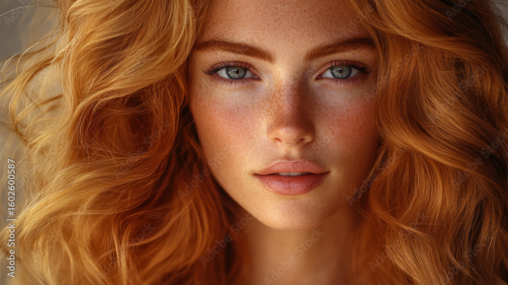 Obraz premium Beautiful portrait of a young woman with flowing red curls and striking blue eyes in soft natural light
