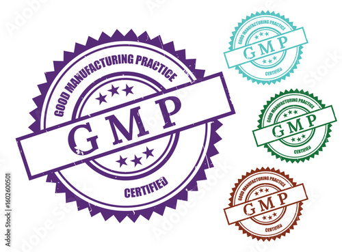 GMP Certified Label Pack, Rubber Stamp Vector Set for Quality Production  