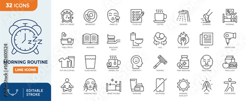 Morning routine line editable icon set. Editable stroke. Vector illustration