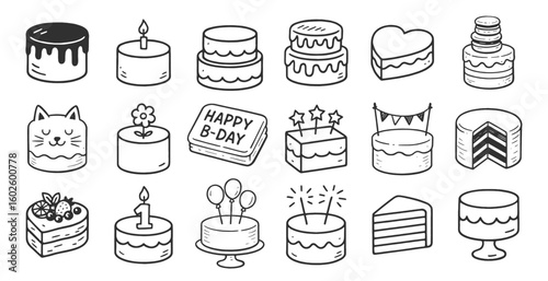 Cake doodle icon set. Cute hand drawn sketch illustrations of birthday cake, slice, candle, heart shaped cake, number topper and fruit decoration. Black and white cartoon art for celebration themes.