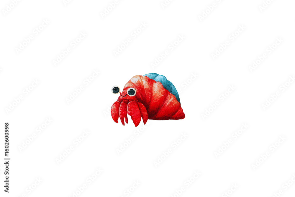 Fototapeta premium Cartoon Hermit Crab With Large Eyes Red Body And Blue Shell Isolated On A Transparent Background Transparent Background