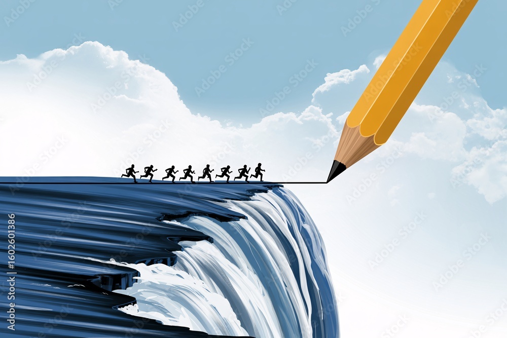 Fototapeta premium Team running over cliff as pencil draws tightrope, risk challenge, creativity, problem solving concept.