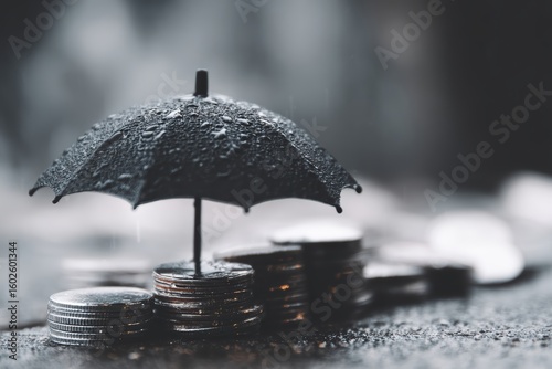 Wallpaper Mural Stacks of coins are shielded by a small black umbrella in the rain, symbolizing financial protection and savings security Torontodigital.ca
