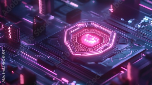 A glowing pink cyber defense system shield protects a circuit board with neon lights