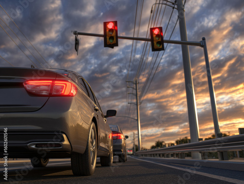 Cars wait at a red traffic light during a dramatic sunset under a cloudy sky on a suburban road.