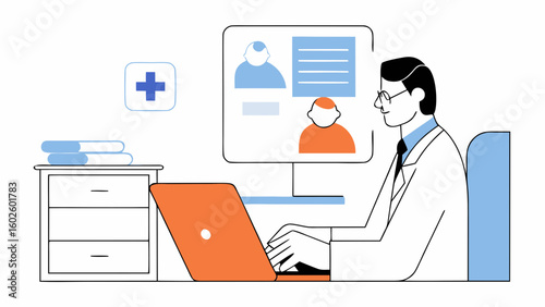 Vector Doctor using laptop for virtual consultation in modern clinic office, showing focus and professionalism