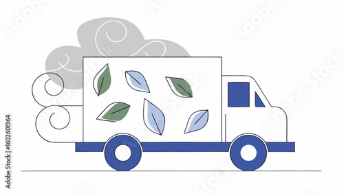 Vector Eco friendly white delivery truck with green and blue leaves, emitting clean air and promoting sustainability