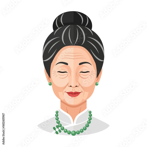 Elegant Woman with Eyes Closed Wearing a Green Necklace Illustration