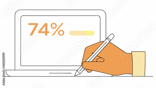 Vector Digital hand holding stylus writes on laptop screen showing 74 percent progress bar