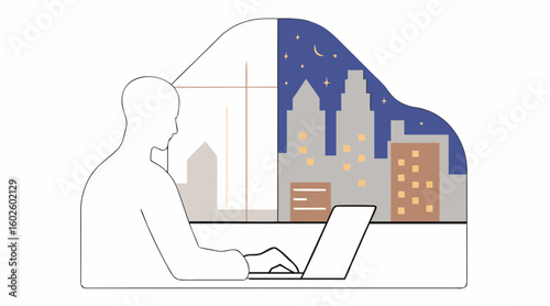 Vector Double exposure of man working on laptop blended with city skyline in creative concept