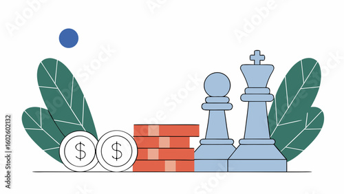 Vector Strategic planning with coins, poker chips, and chess pieces in flat design illustration