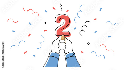Vector Two hands holding up red number 2 balloon with festive confetti and streamers in celebration mood