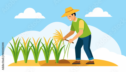 Smiling cartoon farmer in a yellow hat harvesting ripe golden crops with a sickle.