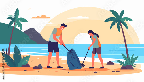 Two young volunteers, a man and a woman, cleaning a sandy beach, collecting trash in a large blue bag with a rake.