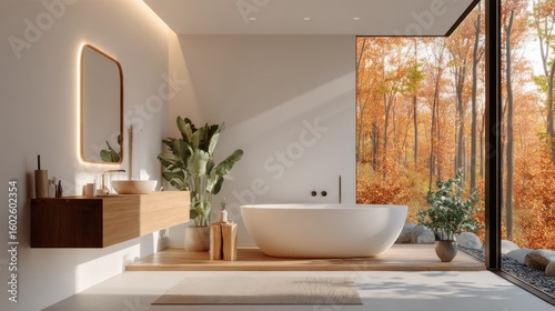 Modern bathroom interior with autumnal forest view.