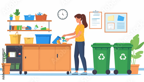 Eco-conscious woman sorting household waste for recycling in a utility room with green bins and storage shelves.