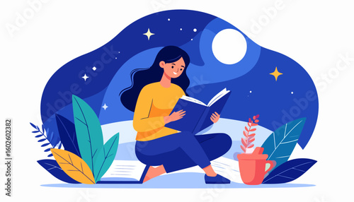 A smiling young woman with long dark hair in a yellow shirt, sitting down and engrossed in reading a blue book.