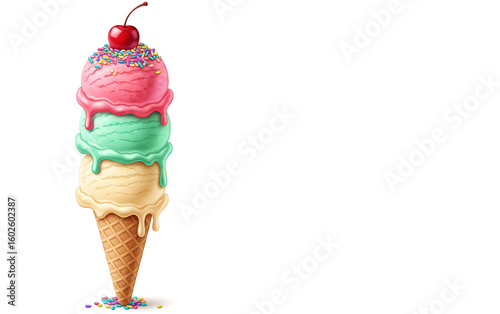 A triple scoop ice cream cone with cherry on top isolated on white background