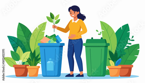 Happy woman in a yellow sweater recycling plastic waste and holding a green plant sprig.
